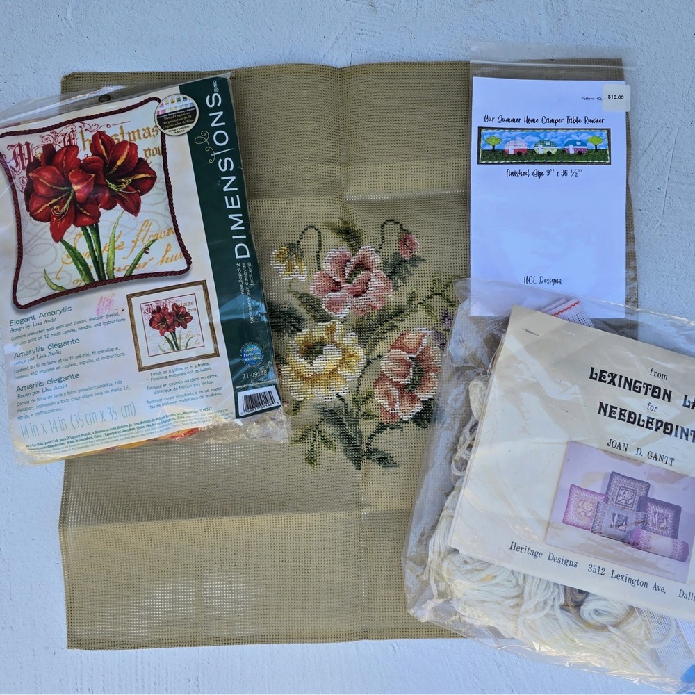 Dimensions Elegant Amaryllis Needlepoint Kit Lexington Lace Floral Lot Vintage